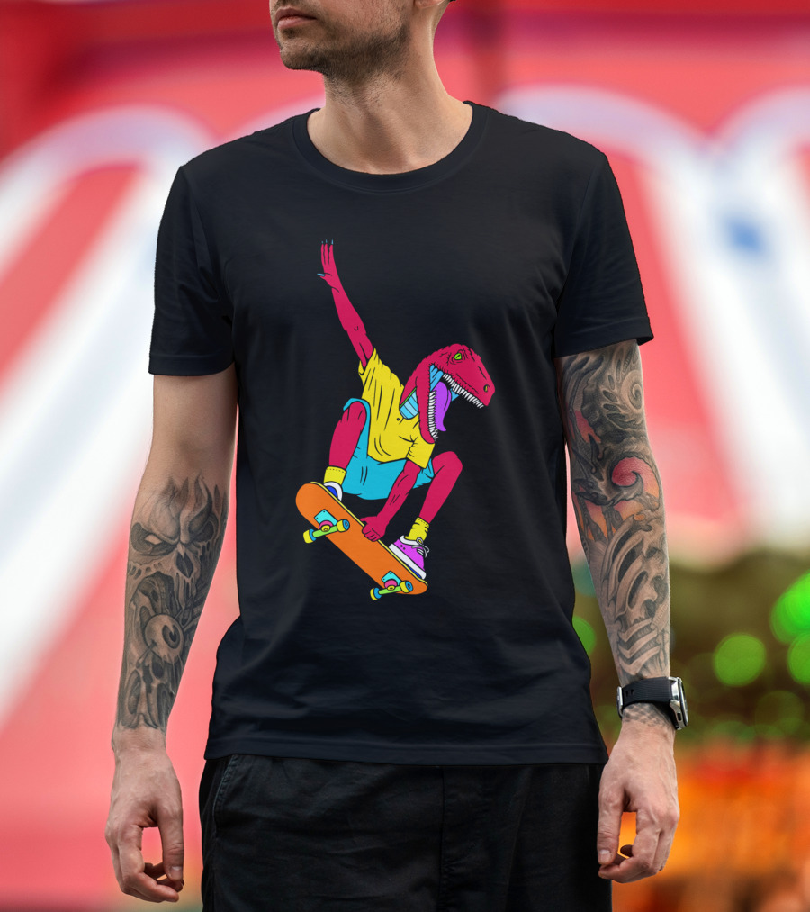 Skate Raptor Dinosaur on Orange Skateboard in Bright Colors T-Shirt