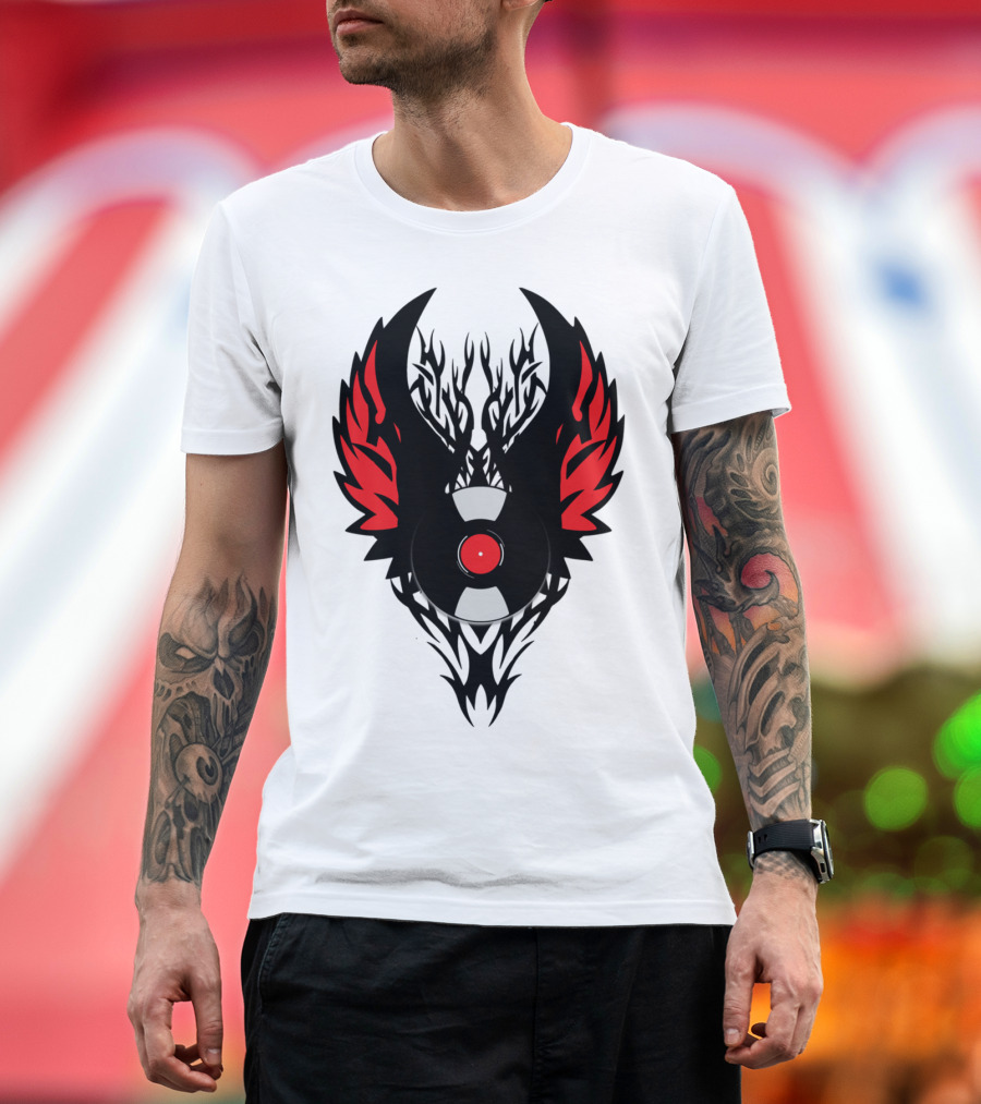 Retro Vinyl Record Tribal Spikes with Red Punk Rock Wings T-Shirt