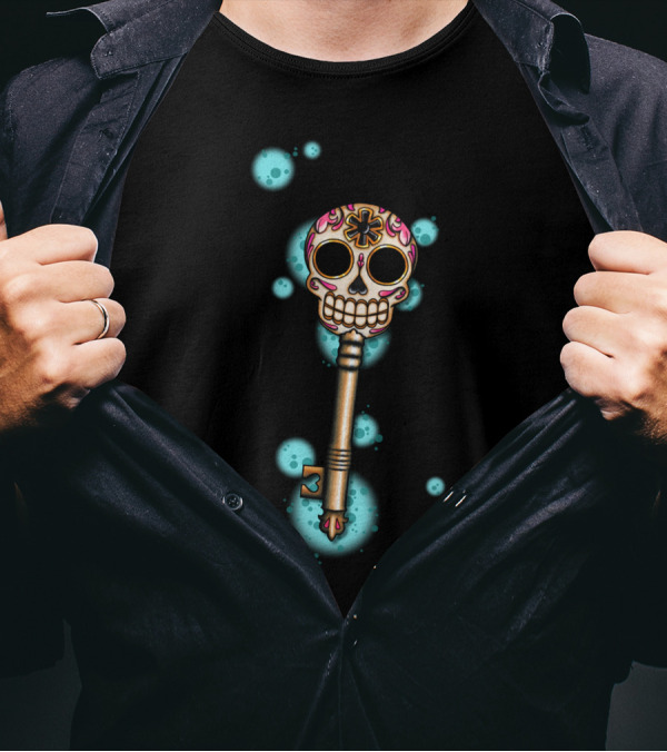 Skeleton Key Dia De Los Muertos Sugar Skull Bright Neon T-Shirt