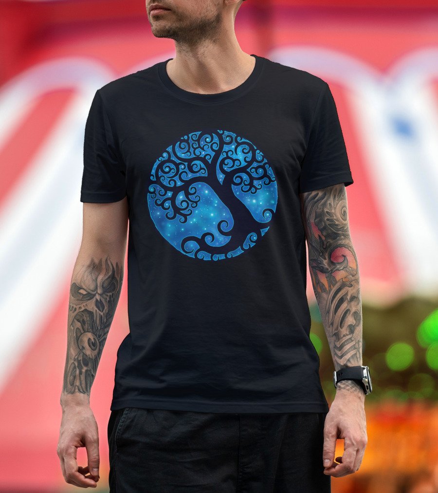Tree Space Starry Night Swirls in Blue Sky T-Shirt