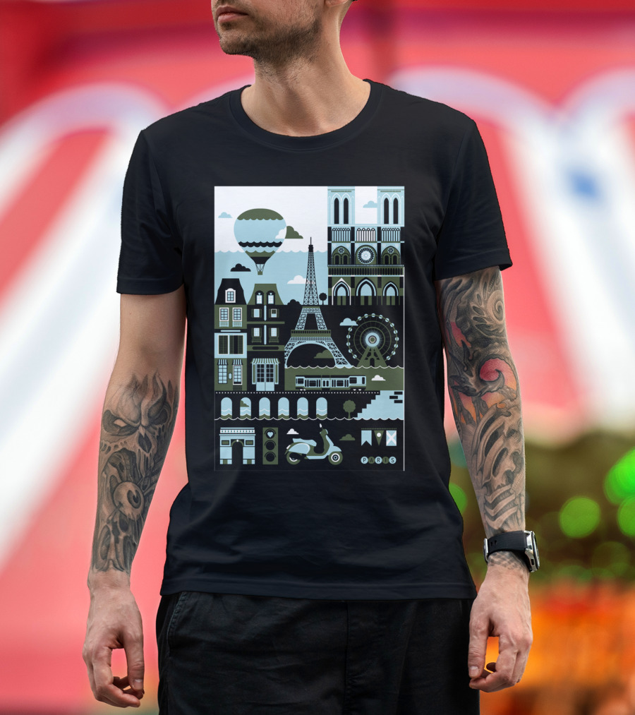Paris Eiffel Tower Notre Dame Hot Air Balloon Ferris Wheel Scooter Icon Montage T-Shirt