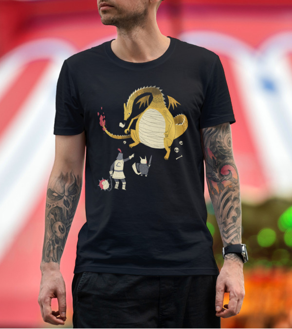 Premium T-Shirt: Ye Hath To Catcheth Them All Medieval Knight Dragon Battle Sketch T-Shirt Ye Hath To Catcheth Them All Medieval Knight Dragon Battle Sketch T-Shirt