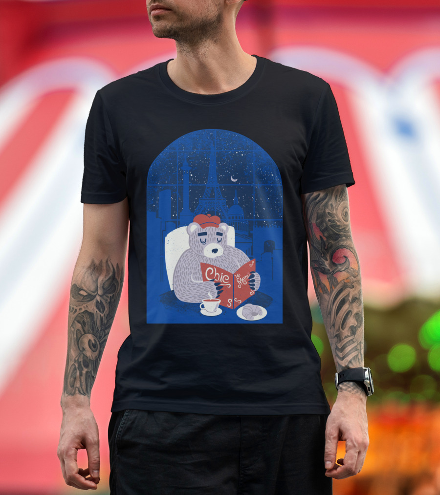 Parisian Bear Chic Le Menu Eiffel Night Croissant Beret T-Shirt
