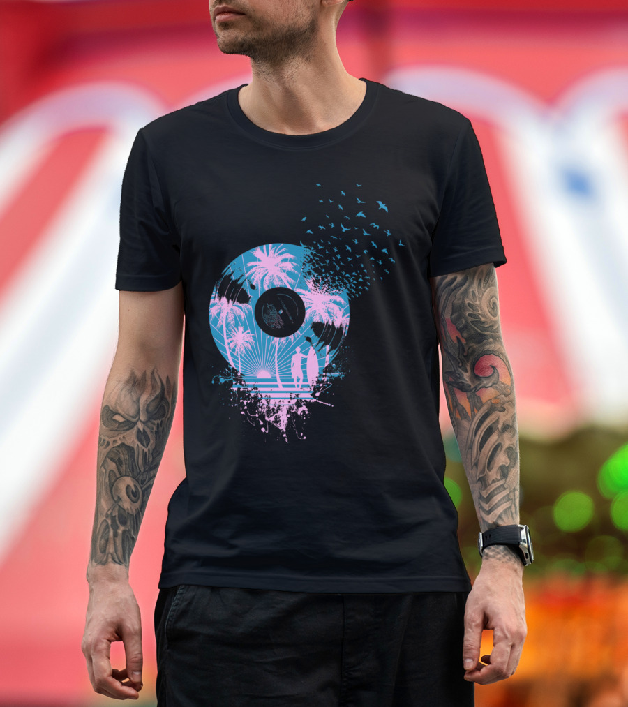Tropical Sunset Vinyl Record with Palm Trees and Bird T-Shirt