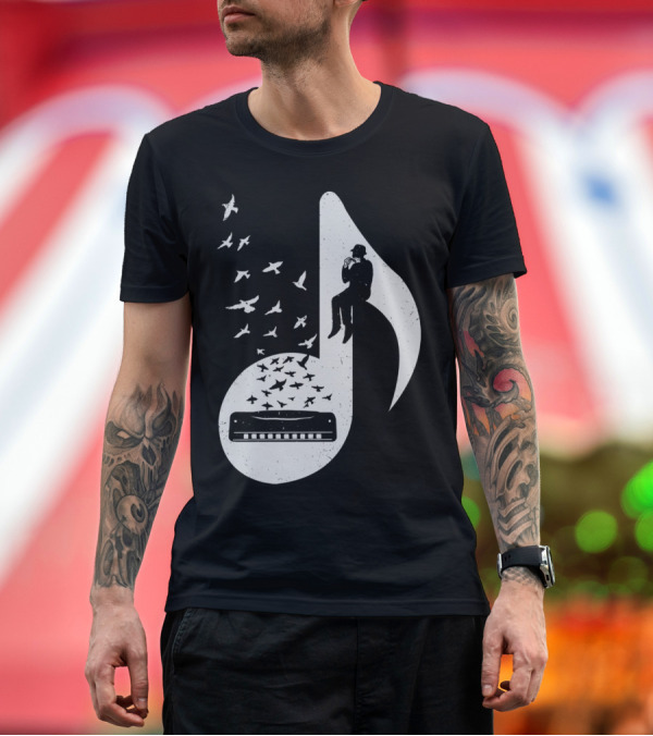 Premium T-Shirt: Musical Note Harmonica Birds Silhouette Player T-Shirt Musical Note Harmonica Birds Silhouette Player T-Shirt