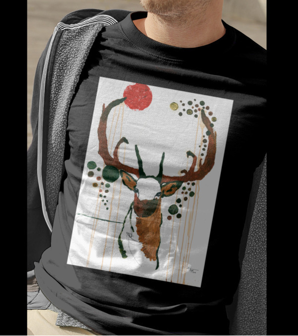 Deer With Abstract Circular Patterns And Red Sun T-Shirt