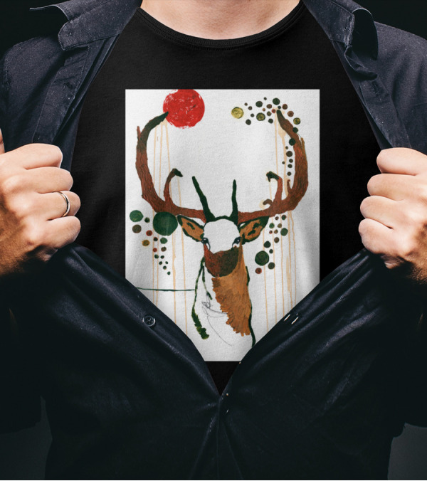 Deer With Abstract Circular Patterns And Red Sun T-Shirt