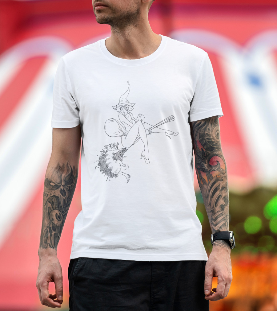 Retro Pinup Witch on Broom with Cat T-Shirt