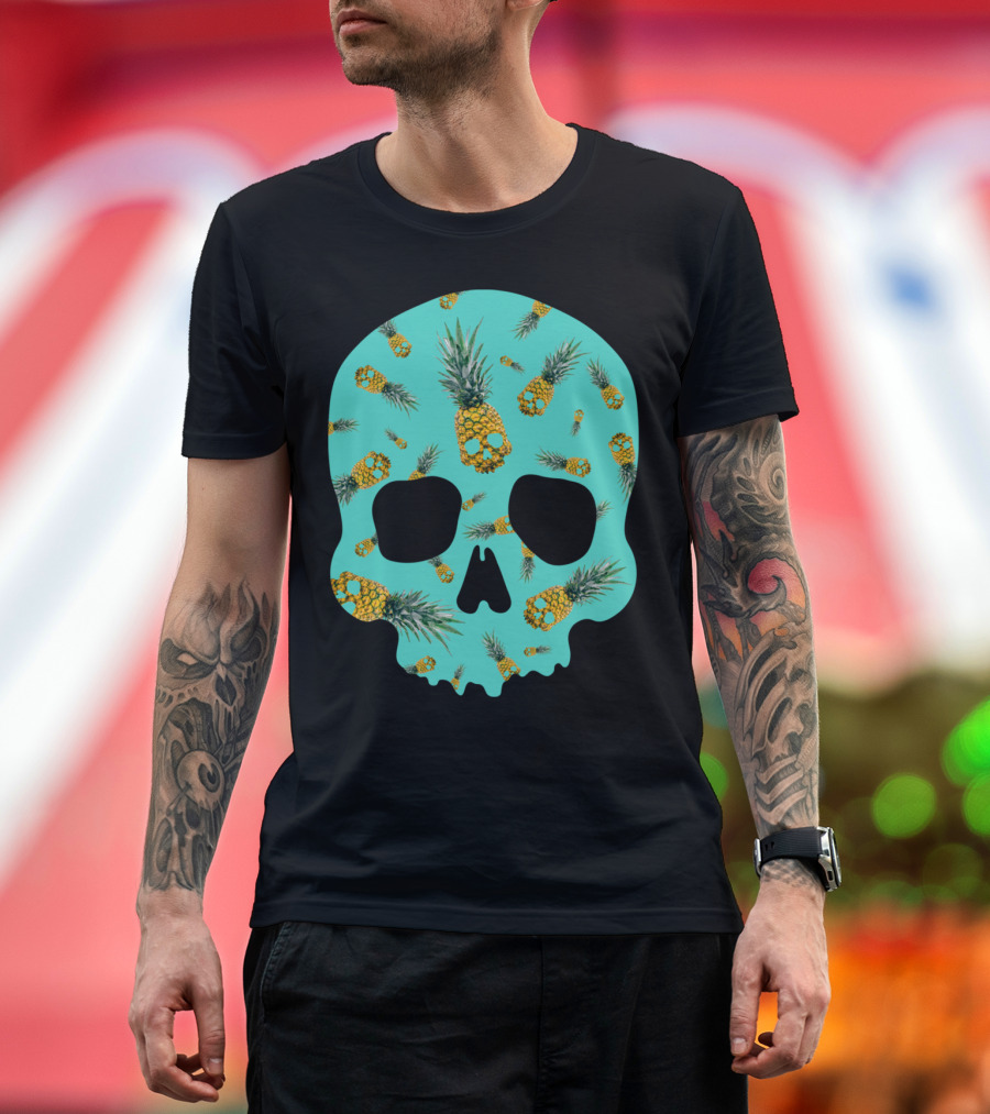 Skull Pineapple Pattern on Teal Background T-Shirt