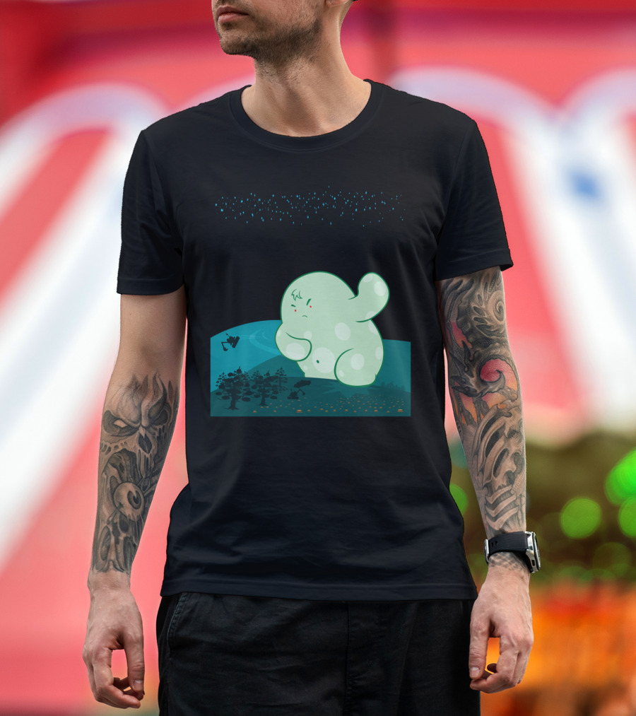 Revenge of the Forest Spirit Under Starry Sky with Mysterious Green Creature and Night Forest Scene T-Shirt