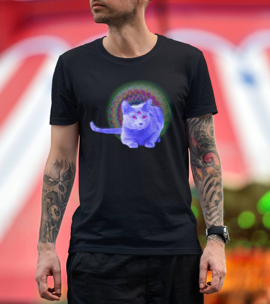 Trippy Kitty Psychedelic Third Eye Cat with Colorful Mandala Aura T-Shirt