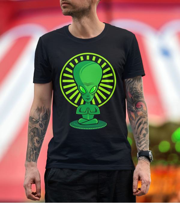 Premium T-Shirt: YOGA ALIEN MEDITATION POSE WITH HALO AND GREEN SKIN T-Shirt YOGA ALIEN MEDITATION POSE WITH HALO AND GREEN SKIN T-Shirt