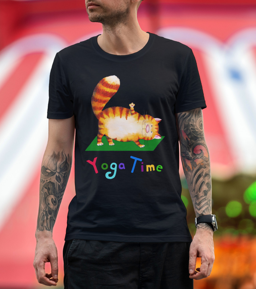 Yoga Time Cat on Mat Playful Stretching T-Shirt