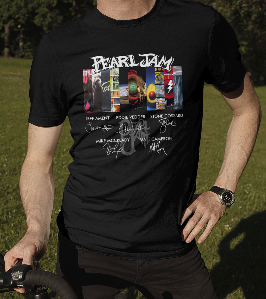 Pearl Jam Album Art Collage With Band Member Signatures T-Shirt