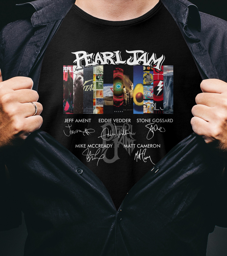 Pearl Jam Album Art Collage With Band Member Signatures T-Shirt