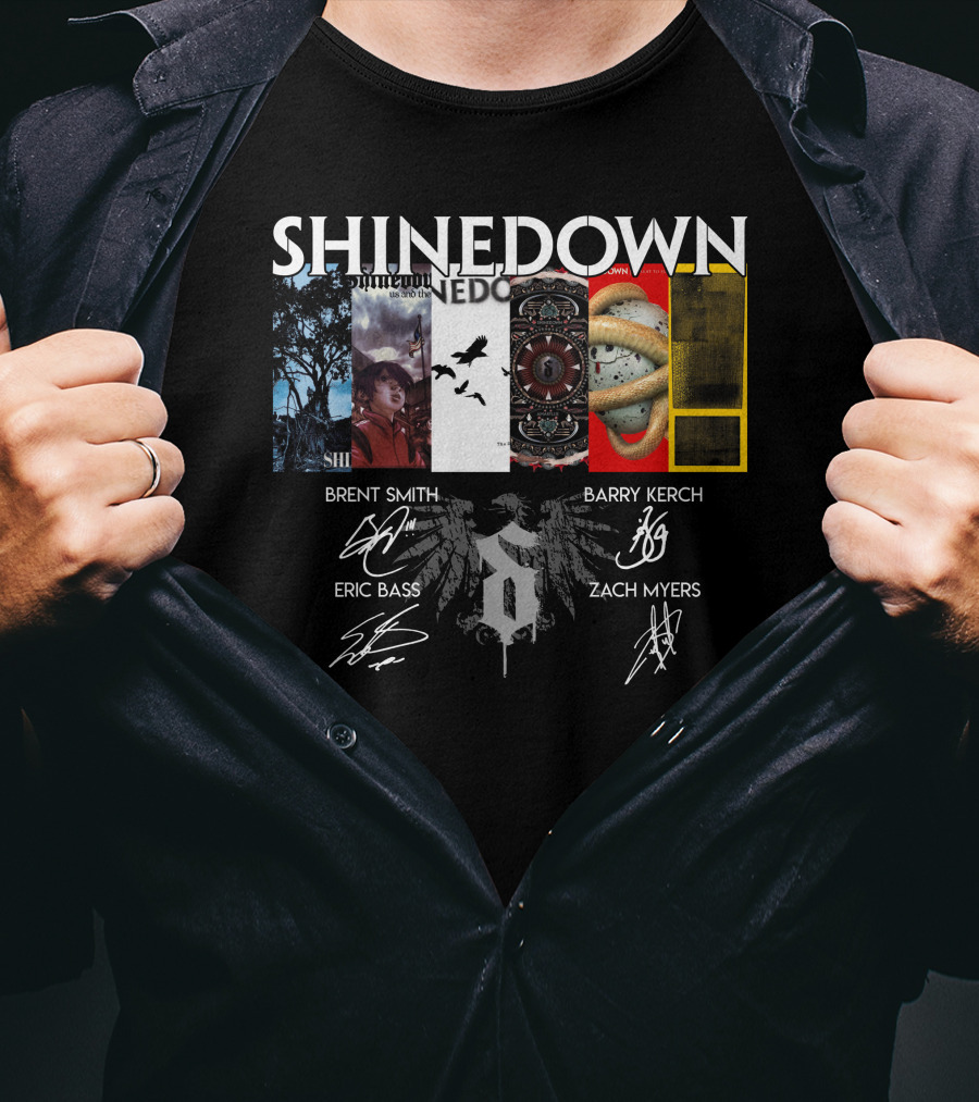 Shinedown Album Covers Brent Smith Barry Kerch Eric Bass Zach Myers Signatures T-Shirt