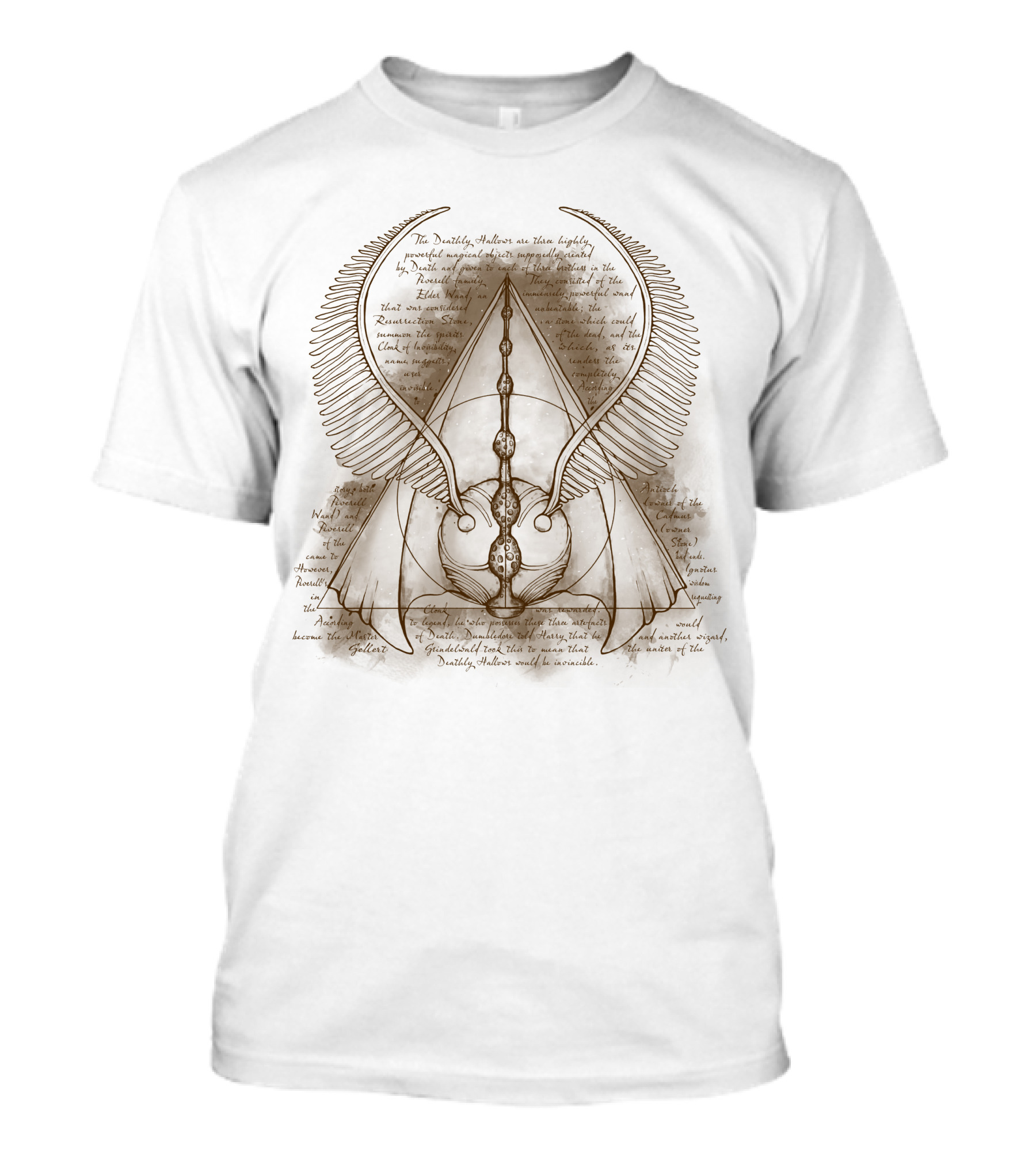 The Deathly Hallows Winged Triangular Design With Ancient Texts T-Shirt
