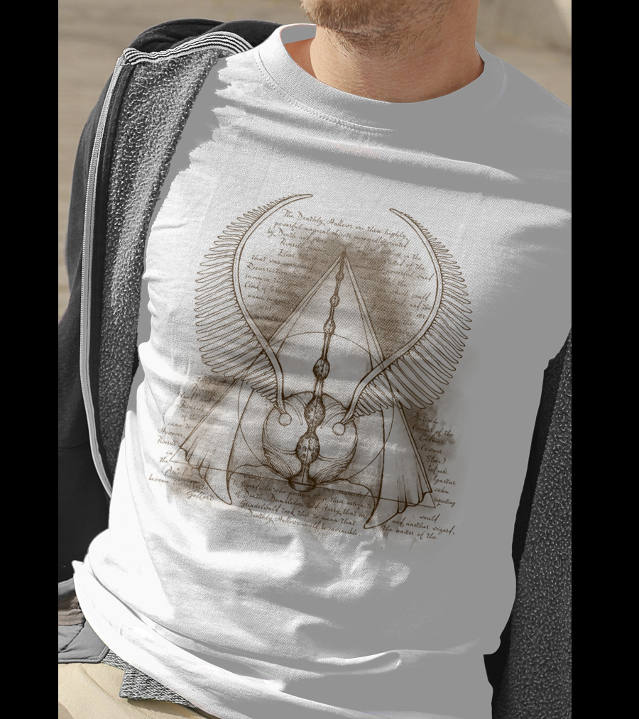 The Deathly Hallows Winged Triangular Design With Ancient Texts T-Shirt