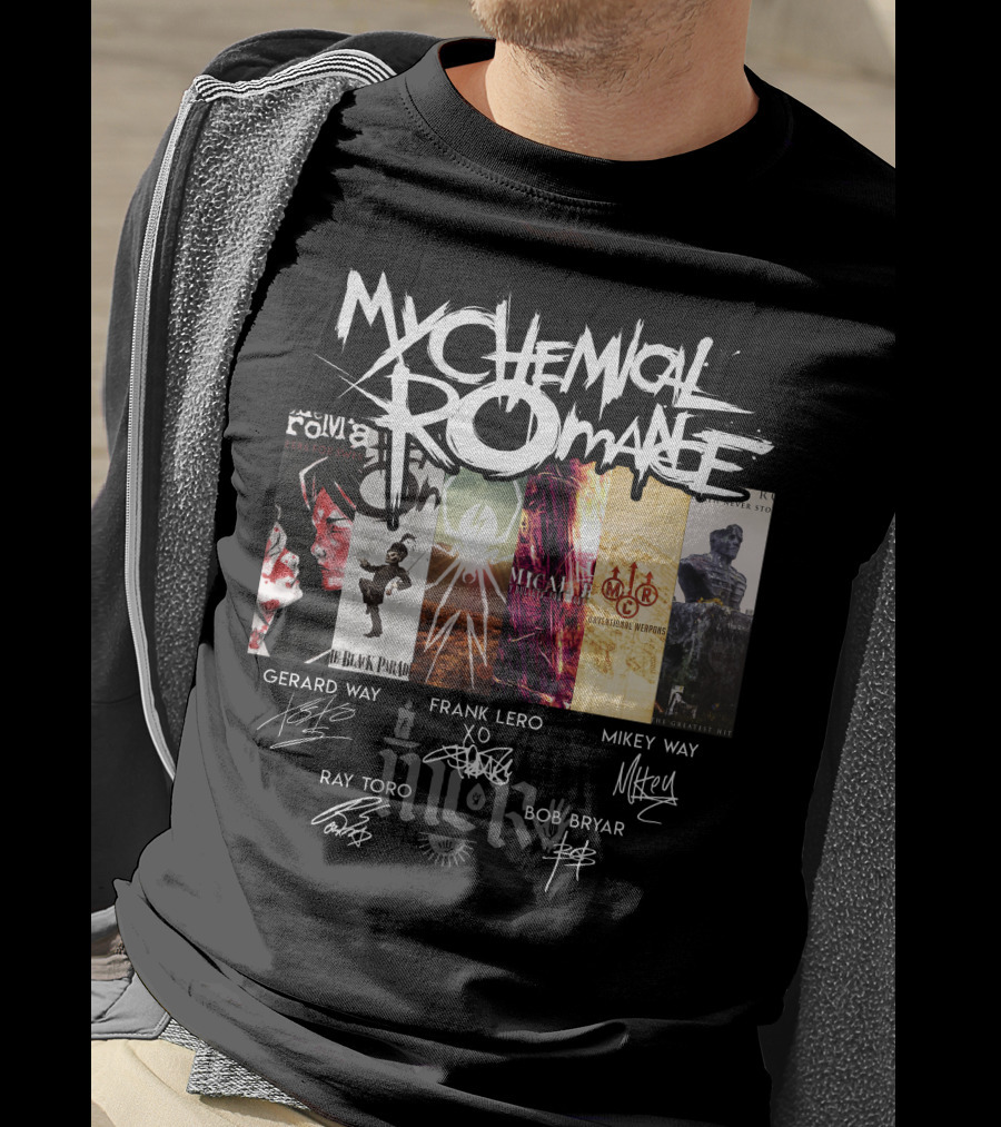 My Chemical Romance Album Collage Gerard Way Frank Iero Mikey Way Ray Toro Bob Bryar Signatures T-Shirt