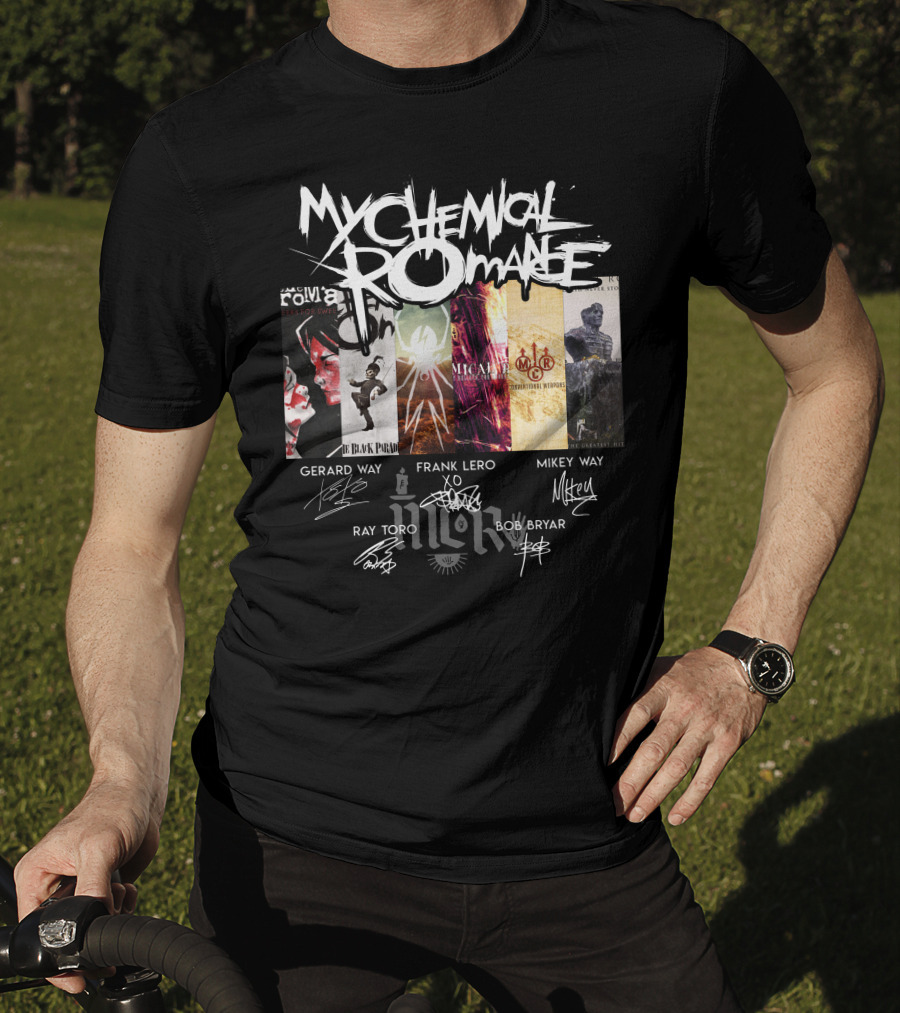 My Chemical Romance Album Collage Gerard Way Frank Iero Mikey Way Ray Toro Bob Bryar Signatures T-Shirt