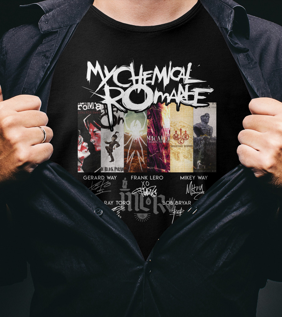 My Chemical Romance Album Collage Gerard Way Frank Iero Mikey Way Ray Toro Bob Bryar Signatures T-Shirt