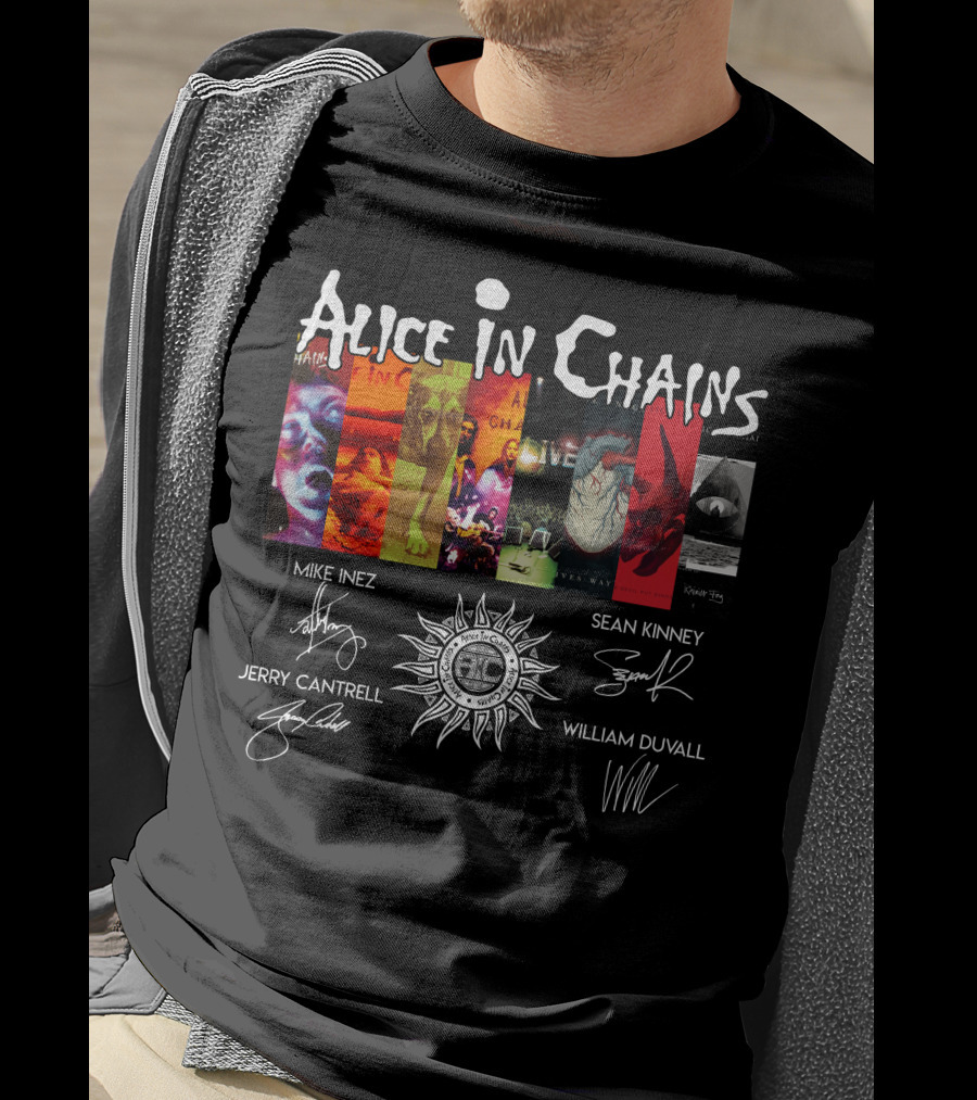 Alice In Chains Album Covers Signatures Mike Inez Sean Kinney Jerry Cantrell William Duvall T-Shirt