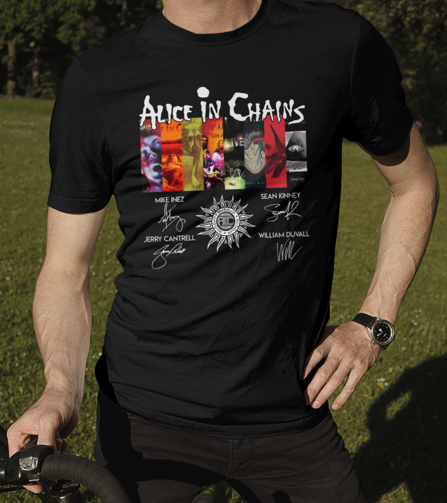 Alice In Chains Album Covers Signatures Mike Inez Sean Kinney Jerry Cantrell William Duvall T-Shirt