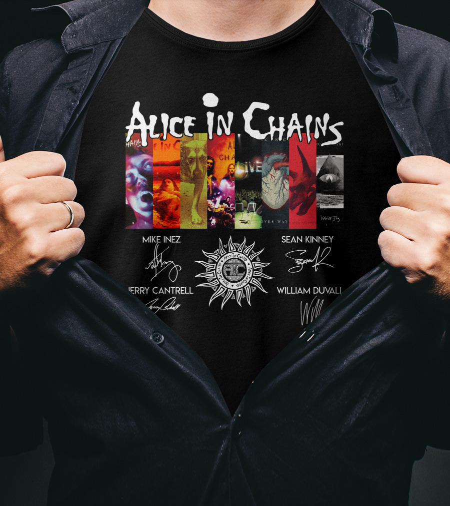Alice In Chains Album Covers Signatures Mike Inez Sean Kinney Jerry Cantrell William Duvall T-Shirt