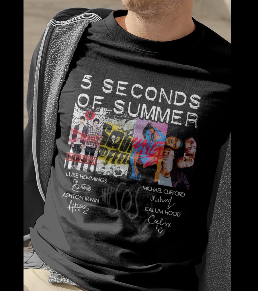 Seconds Of Summer 5Sos Luke Hemmings Michael Clifford Calum Hood Ashton Irwin Signed T-Shirt