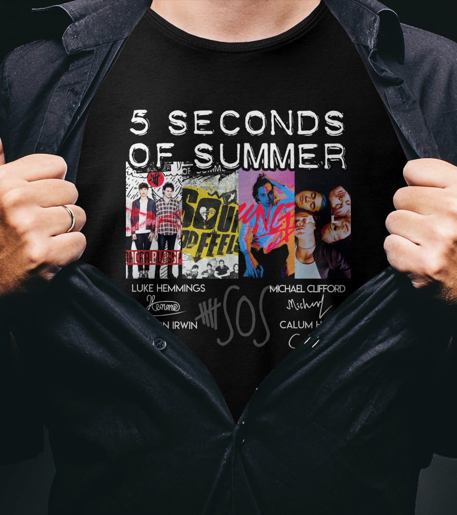 Seconds Of Summer 5Sos Luke Hemmings Michael Clifford Calum Hood Ashton Irwin Signed T-Shirt