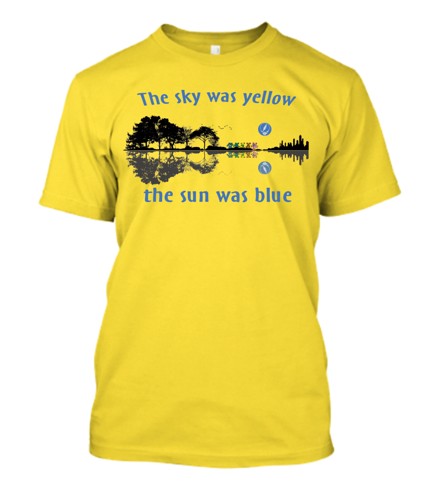 The Sky Was Yellow The Sun Was Blue Reflective Landscape And City Skyline T-Shirt