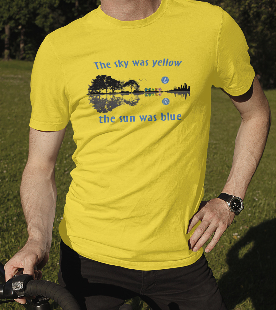 The Sky Was Yellow The Sun Was Blue Reflective Landscape And City Skyline T-Shirt
