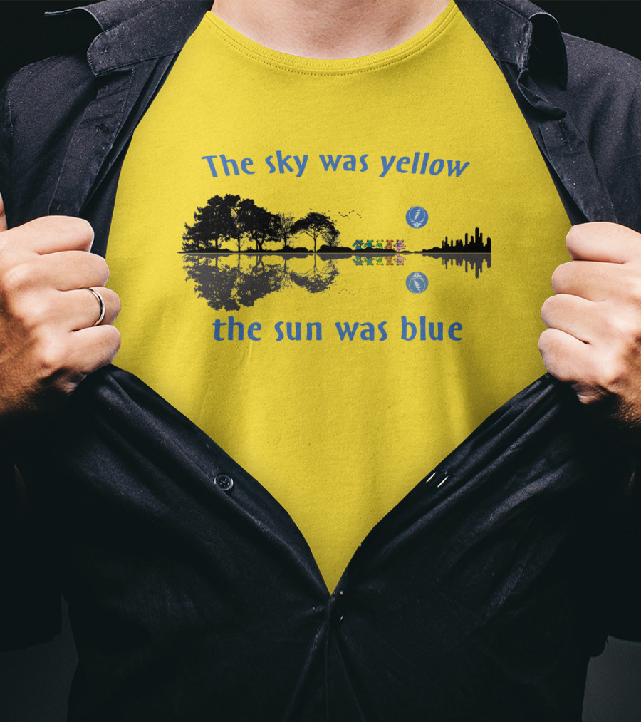 The Sky Was Yellow The Sun Was Blue Reflective Landscape And City Skyline T-Shirt