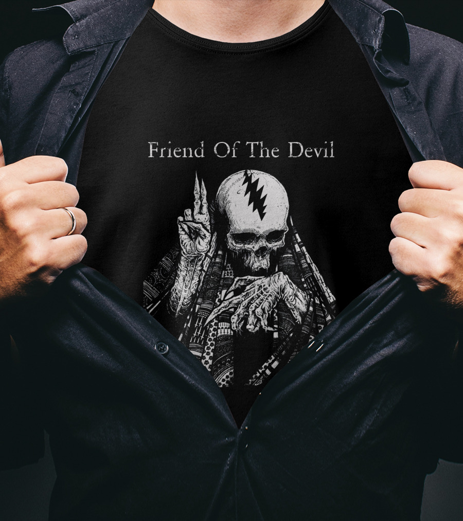 Friend Of The Devil Skeleton With Lightning Bolt Skull T-Shirt