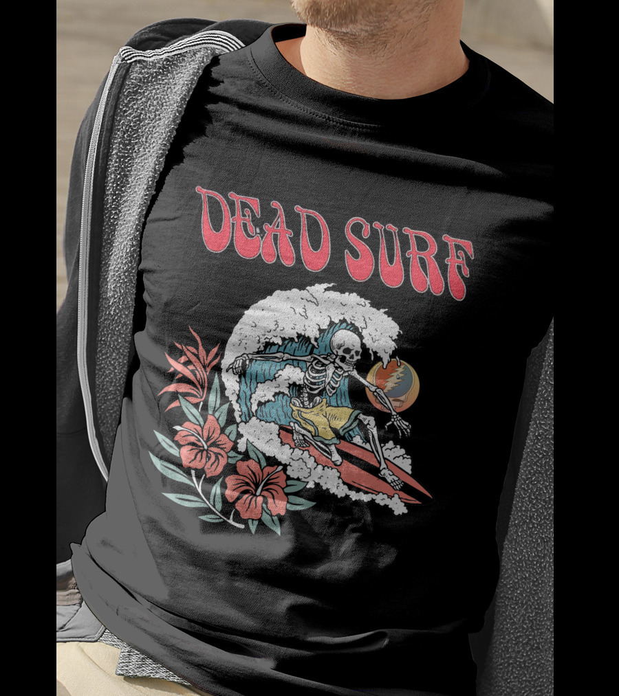 Dead Surf Skeleton Riding Wave With Hibiscus Flowers And Full Moon T-Shirt