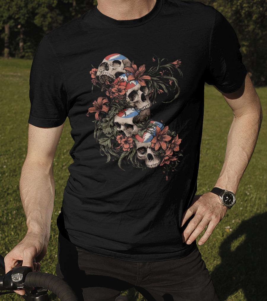 Skull And Floral Grateful Dead Lightning Roses T-Shirt