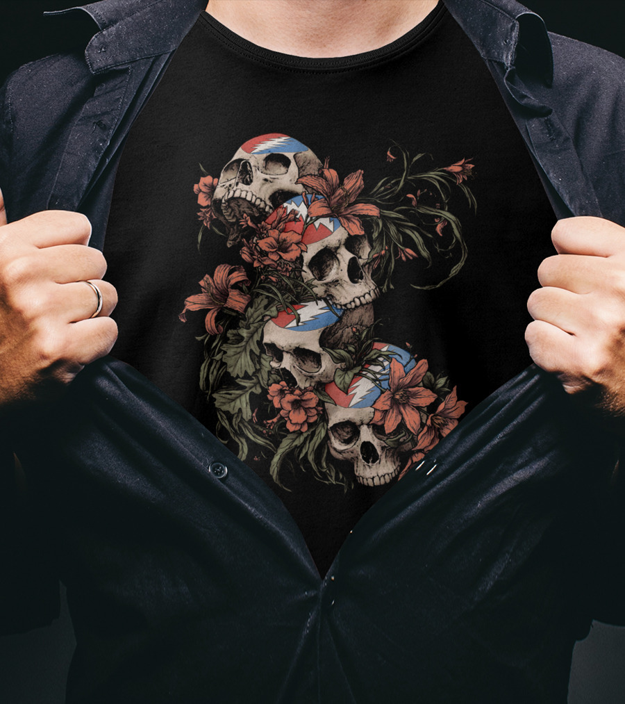 Skull And Floral Grateful Dead Lightning Roses T-Shirt