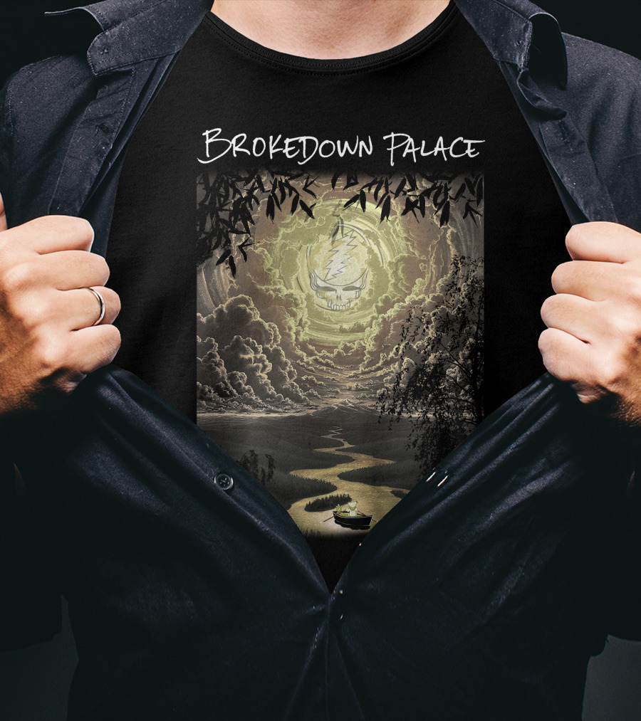 Brokedown Palace Grateful Dead Skull Lightning Flowing River Scene T-Shirt
