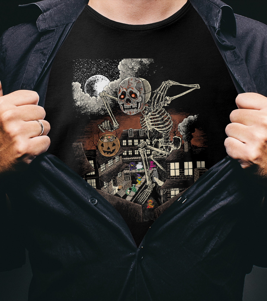Halloween Skeleton Monster Under Full Moon With Pumpkin Over Houses T-Shirt