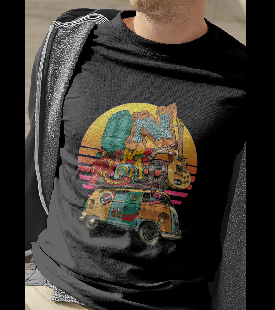 On The Road Retro Sunset Van And Guitar Adventure T-Shirt