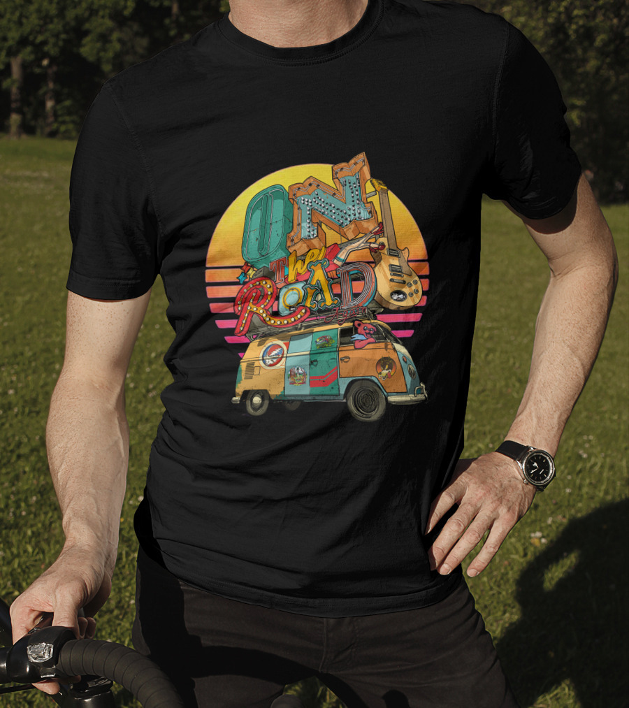 On The Road Retro Sunset Van And Guitar Adventure T-Shirt