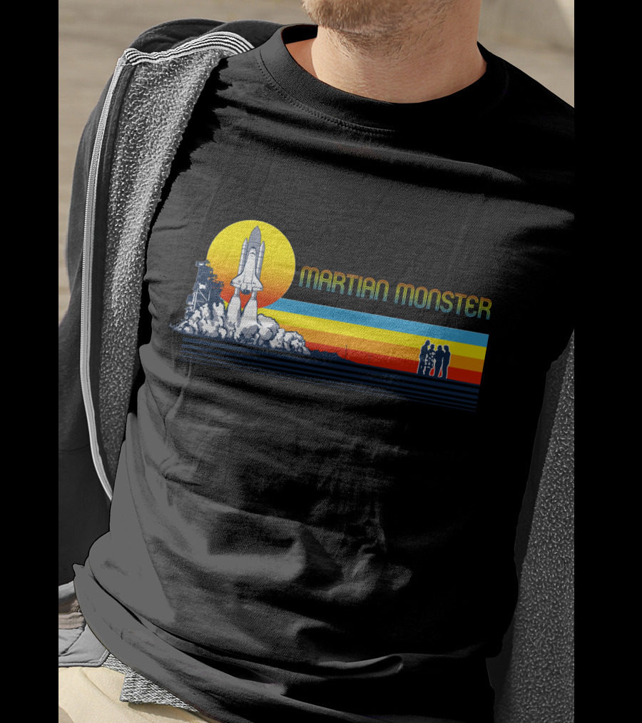 Martian Monster Space Shuttle Launch Rocket Silhouette Retro Sunset T-Shirt