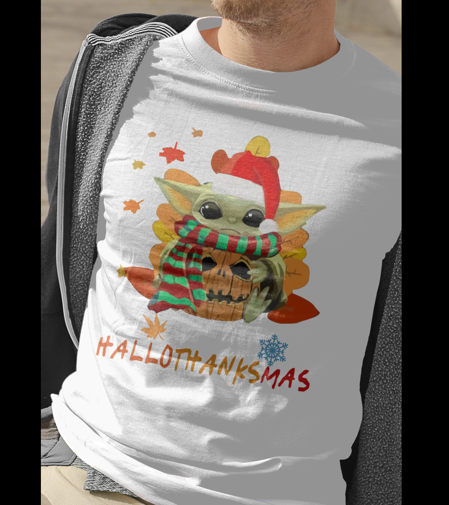 Happy Hallothanksmas Baby Yoda Pumpkin Santa Hat Fall Leaves Snowflake T-Shirt