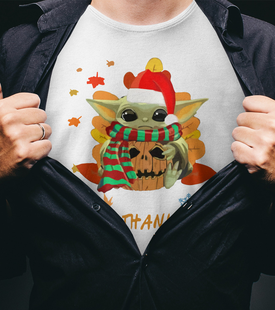 Happy Hallothanksmas Baby Yoda Pumpkin Santa Hat Fall Leaves Snowflake T-Shirt