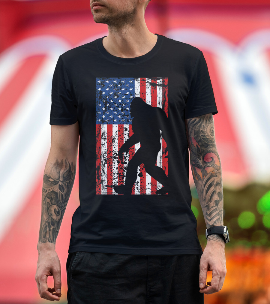 Bigfoot Silhouette on Vintage USA Flag for 4th of July T-Shirt
