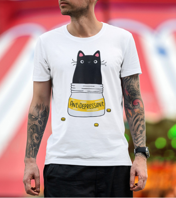Premium T-Shirt: Cute Cat Kitten Antidepressant Black Cat in Pill Bottle T-Shirt Cute Cat Kitten Antidepressant Black Cat in Pill Bottle T-Shirt