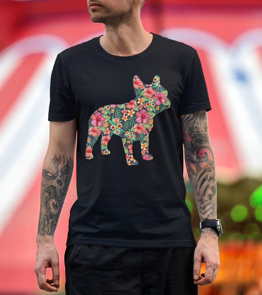 French Bulldog Floral Pattern Tropical Flowers Frenchie Dog T-Shirt