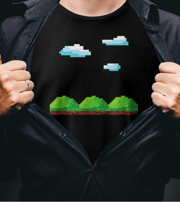 Retro Pixelated Landscape With Clouds And Green Hills T-Shirt