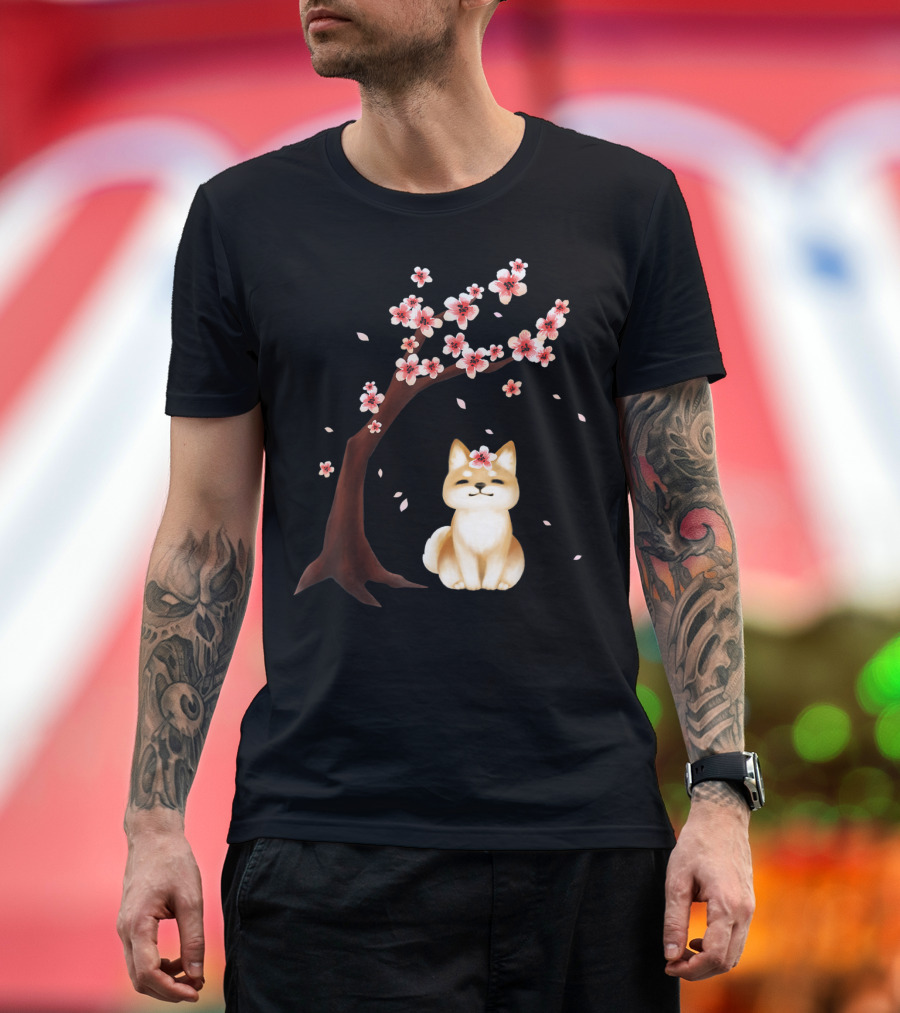 Shiba Inu Dog with Japanese Cherry Blossom Sakura Tree T-Shirt