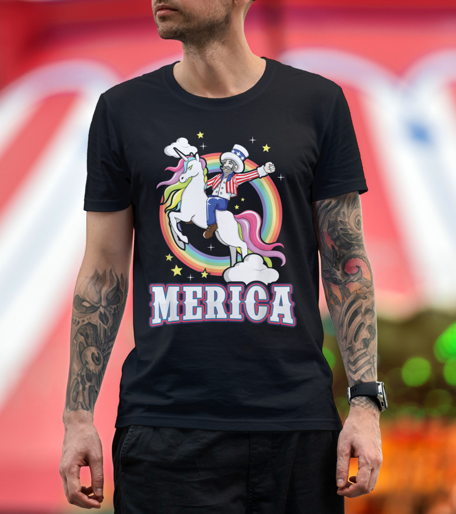 Uncle Sam on Unicorn with Rainbow Stars Merica T-Shirt